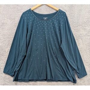 Catherines‎ 3X Teal Embellished Long Sleeve Top Plus Size 26/28W Blouse Casual